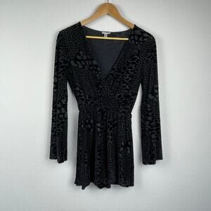 Ecote Women's Velvet Burnout Surplice Romper S Sheer Back‎ Ruffled Bell Sleeves